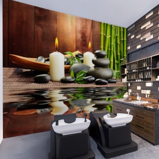 Spa Taşları ve Mumlar ile Bambu Duvar Kağıdı